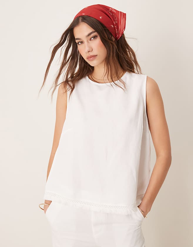asos ASOS DESIGN linen blend shell top with with tassel hem co-ord in white