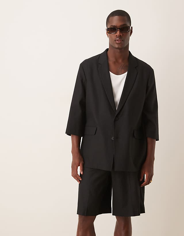 asos ASOS DESIGN linen blend shorter sleeve suit in black