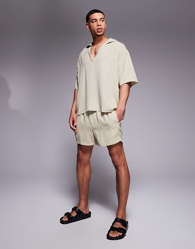 asos ASOS DESIGN linen blend shorts in short length in brown