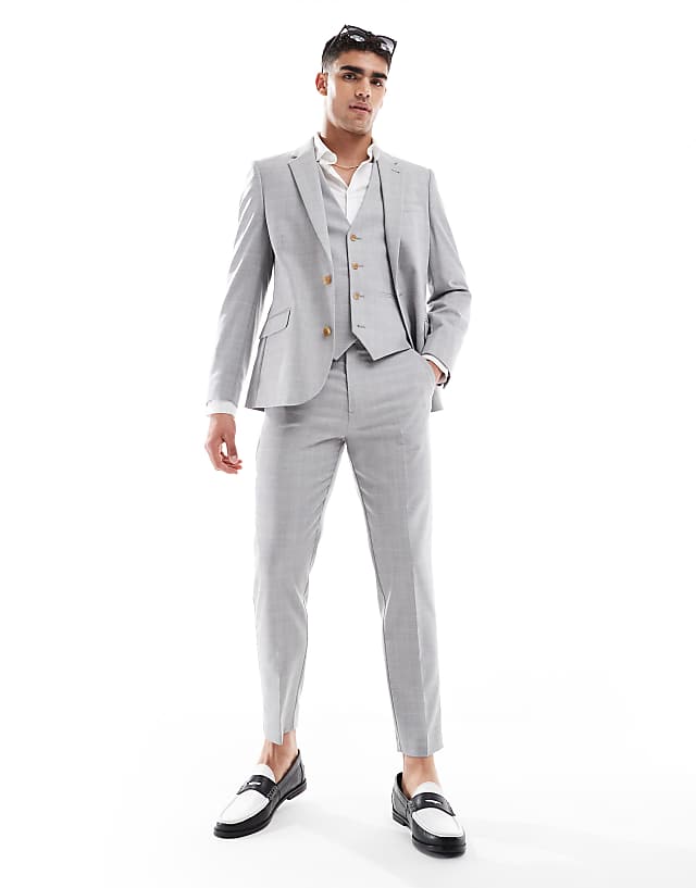 asos ASOS DESIGN linen blend skinny suit in grey tonal check