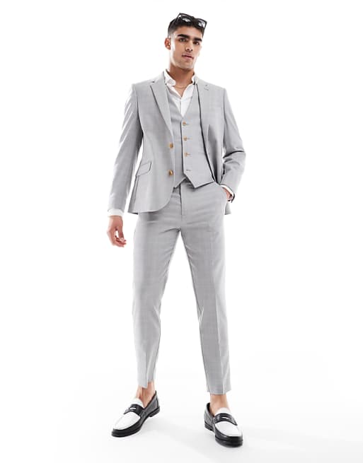 asos ASOS DESIGN linen blend skinny suit in grey tonal check
