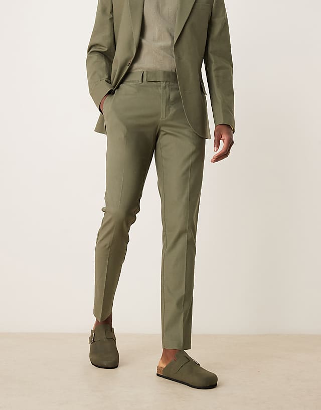 Asos ASOS DESIGN Linen Blend Skinny Suit Trousers In Olive