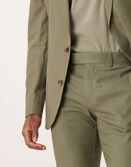 Asos ASOS DESIGN Linen Blend Skinny Suit Trousers In Olive