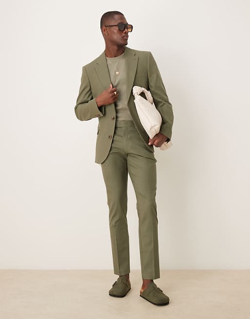 asos ASOS DESIGN linen blend skinny suit trousers in olive