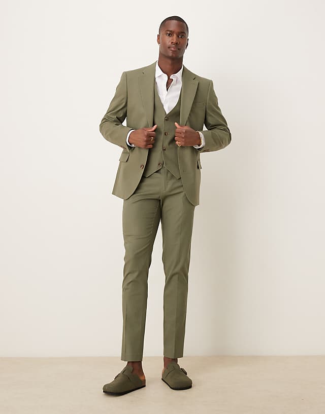 Asos ASOS DESIGN Linen Blend Skinny Suit Waistcoat In Olive