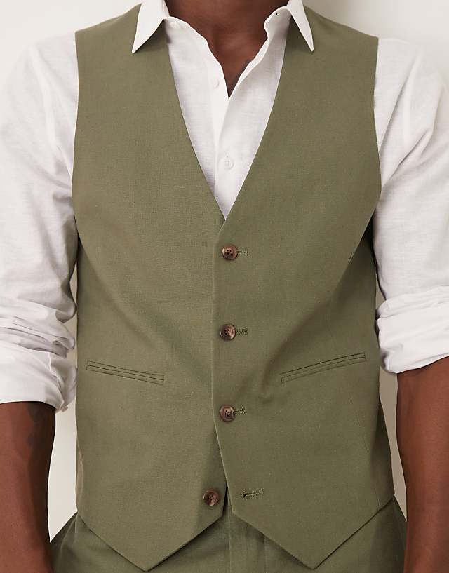 Asos ASOS DESIGN Linen Blend Skinny Suit Waistcoat In Olive