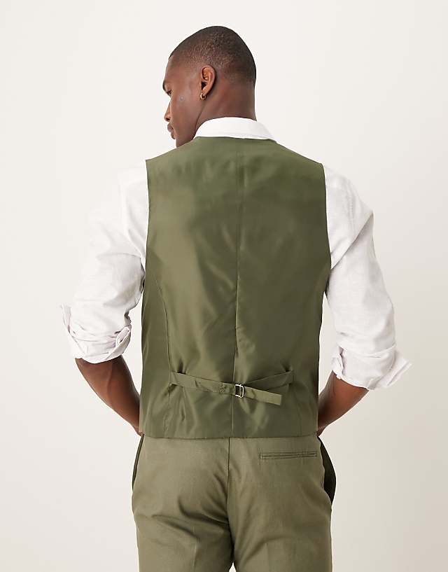 Asos ASOS DESIGN Linen Blend Skinny Suit Waistcoat In Olive
