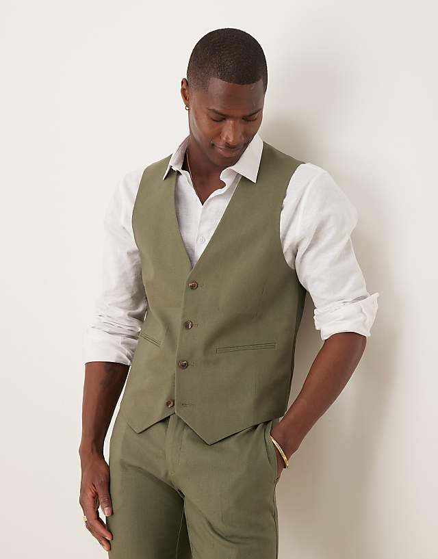 asos ASOS DESIGN linen blend skinny suit waistcoat in olive