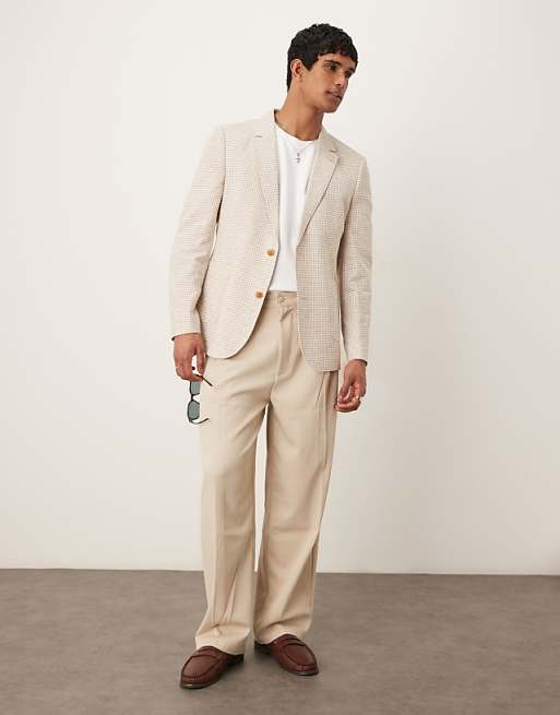 Asos ASOS DESIGN Linen Blend Slim Blazer In Stone Gingham Check