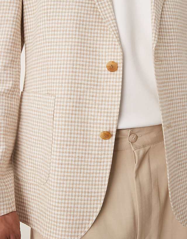 Asos ASOS DESIGN Linen Blend Slim Blazer In Stone Gingham Check