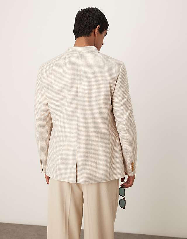 Asos ASOS DESIGN Linen Blend Slim Blazer In Stone Gingham Check