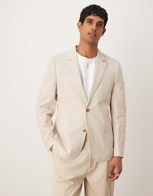 asos ASOS DESIGN linen blend slim blazer in stone gingham check