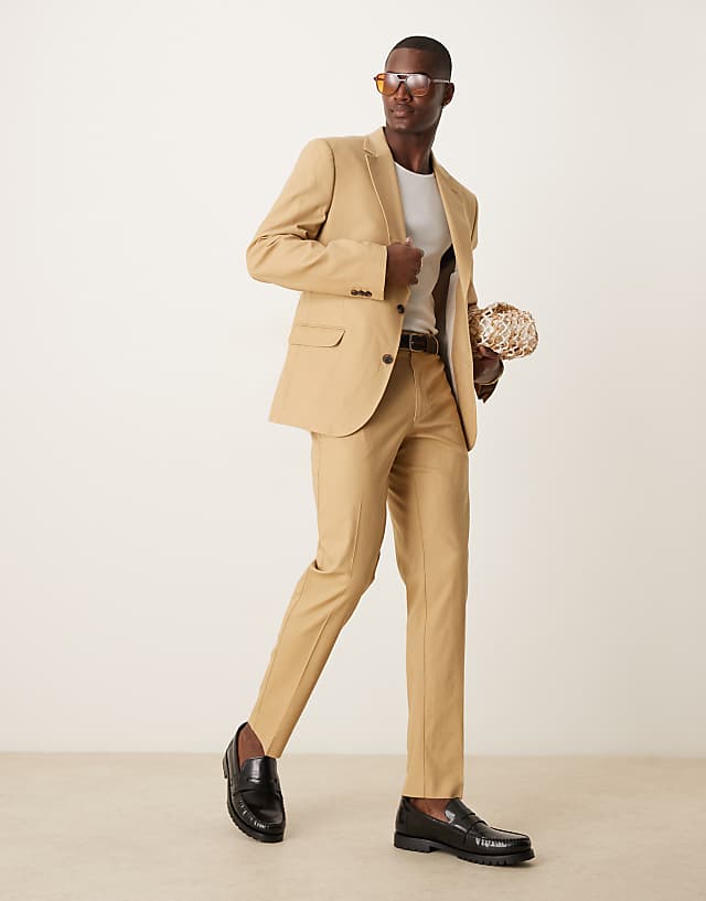 Asos ASOS DESIGN Linen Blend Slim Fit Suit In Beige