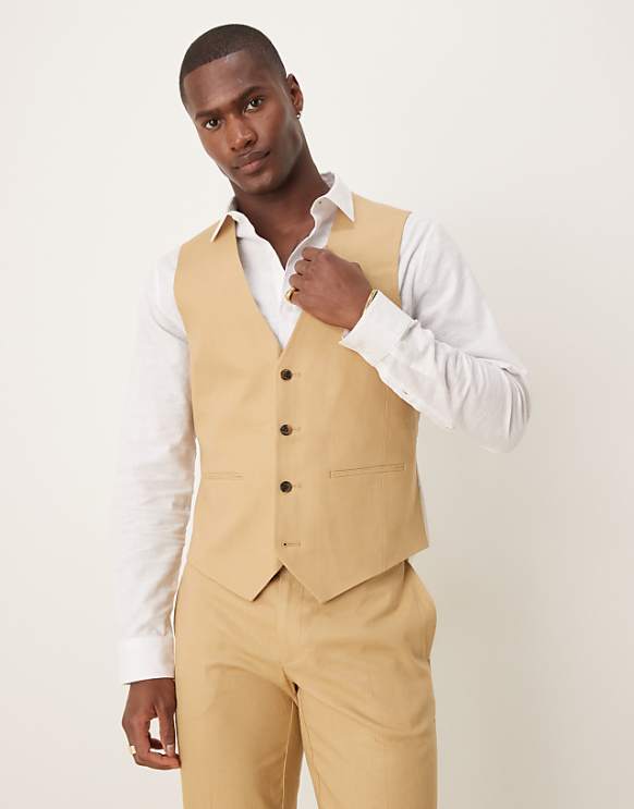 Asos ASOS DESIGN Linen Blend Slim Fit Suit In Beige