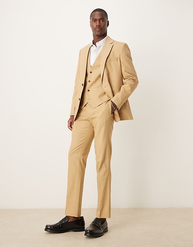 asos ASOS DESIGN linen blend slim fit suit in beige
