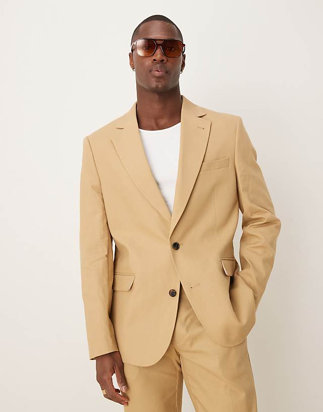 Asos ASOS DESIGN Linen Blend Slim Fit Suit In Beige