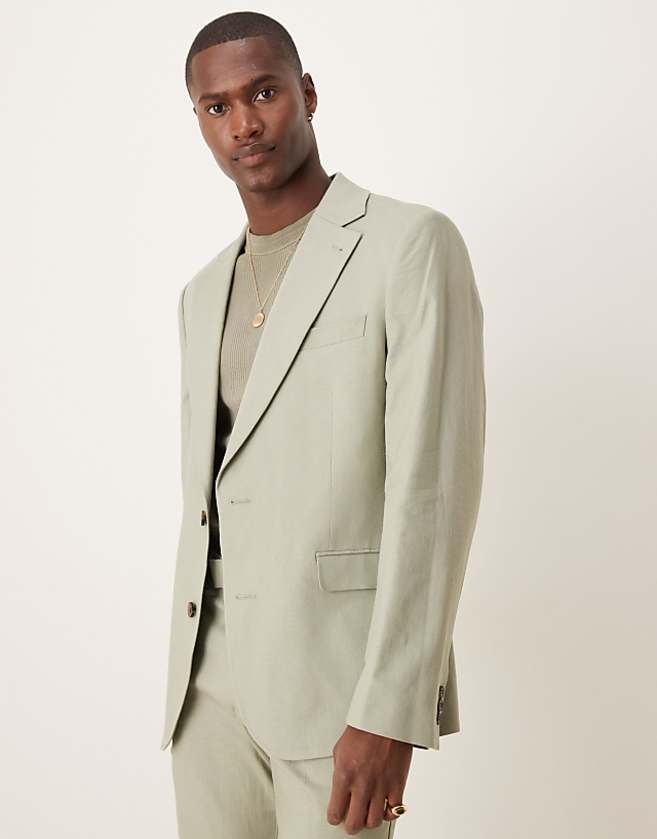 Asos ASOS DESIGN Linen Blend Slim Suit In Sage Green