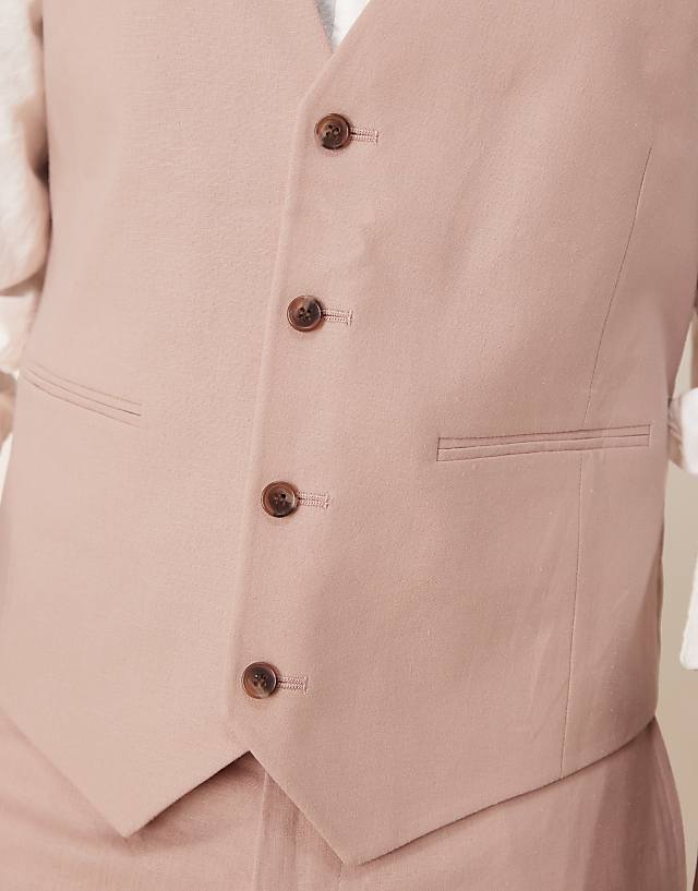 Asos ASOS DESIGN Linen Blend Slim Suit Waistcoat In Pink