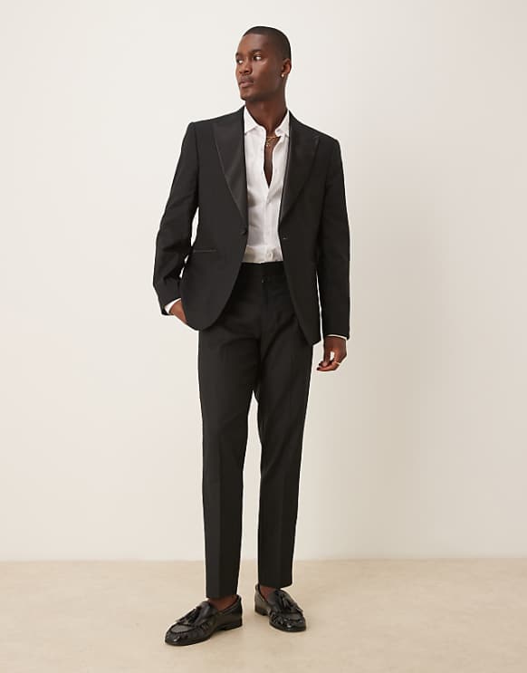 asos ASOS DESIGN linen blend slim tuxedo suit in black