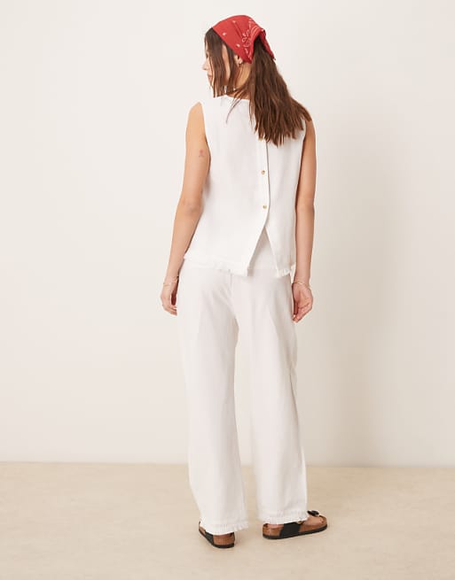 Asos ASOS DESIGN Linen Blend Straight Leg Trousers With Tassel Hem Co-ord In White