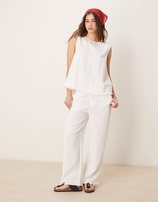 Asos ASOS DESIGN Linen Blend Straight Leg Trousers With Tassel Hem Co-ord In White