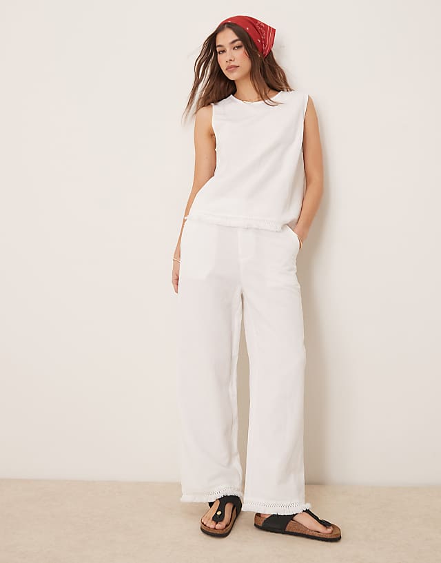 asos ASOS DESIGN linen blend straight leg trousers with tassel hem co-ord in white