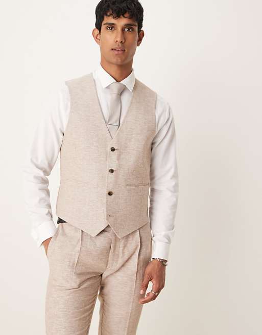 Asos ASOS DESIGN Linen Cotton Blend Slim Suit In Brown Herringbone