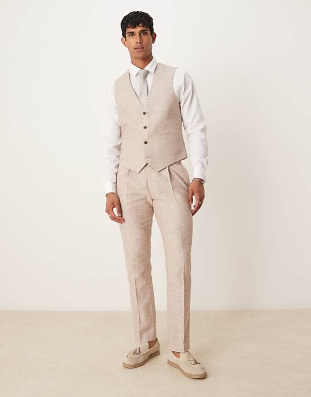 Asos ASOS DESIGN Linen Cotton Blend Slim Suit In Brown Herringbone