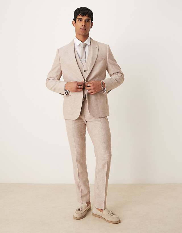 asos ASOS DESIGN linen cotton blend slim suit in brown herringbone