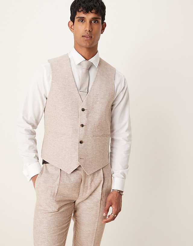 Asos ASOS DESIGN Linen Cotton Blend Slim Suit In Brown Herringbone