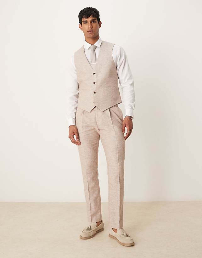 Asos ASOS DESIGN Linen Cotton Blend Slim Suit In Brown Herringbone