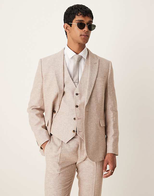 Asos ASOS DESIGN Linen Cotton Blend Slim Suit In Brown Herringbone