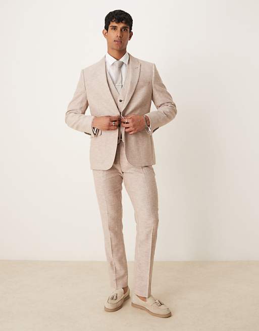 asos ASOS DESIGN linen cotton blend slim suit in brown herringbone