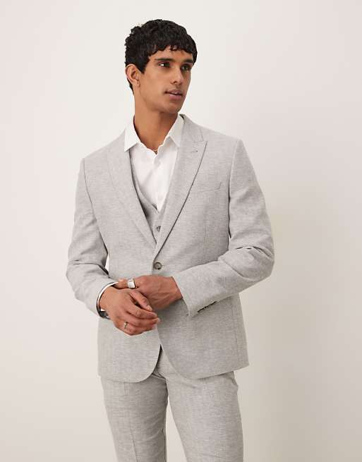 Asos ASOS DESIGN Linen Cotton Blend Slim Suit In Grey Herringbone