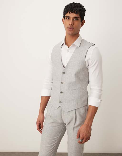 Asos ASOS DESIGN Linen Cotton Blend Slim Suit In Grey Herringbone