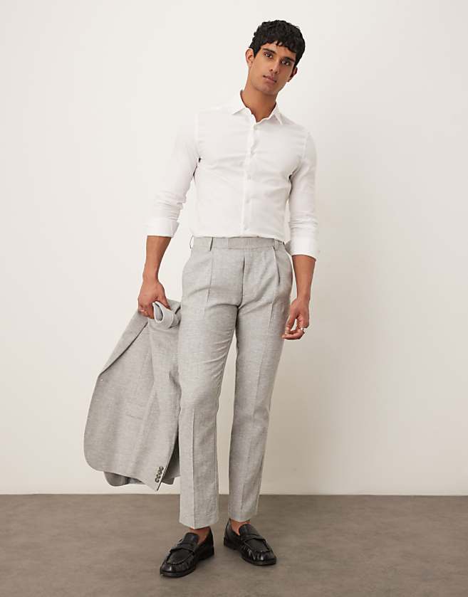 Asos ASOS DESIGN Linen Cotton Blend Slim Suit In Grey Herringbone