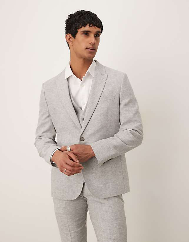 Asos ASOS DESIGN Linen Cotton Blend Slim Suit In Grey Herringbone