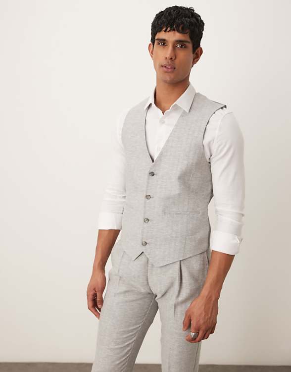 Asos ASOS DESIGN Linen Cotton Blend Slim Suit In Grey Herringbone