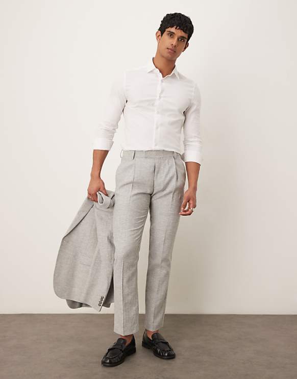 Asos ASOS DESIGN Linen Cotton Blend Slim Suit In Grey Herringbone