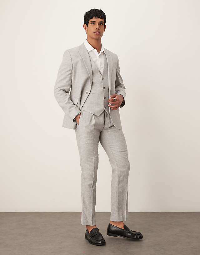 asos ASOS DESIGN linen cotton blend slim suit in grey herringbone