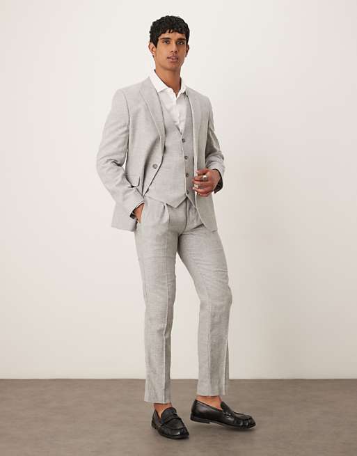 asos ASOS DESIGN linen cotton blend slim suit in grey herringbone