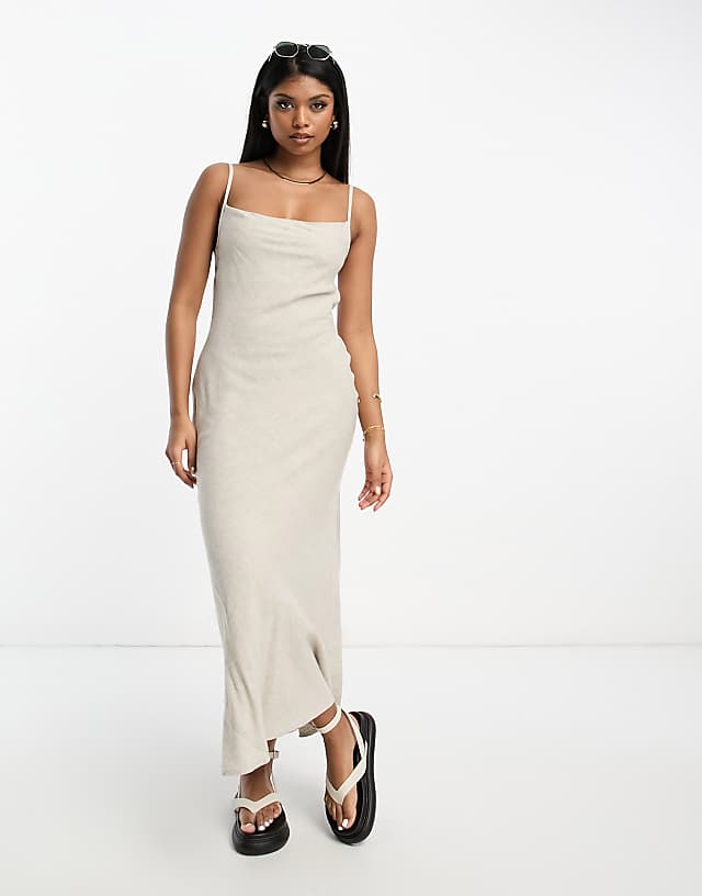 Asos ASOS DESIGN Linen Cowl Detail Maxi Slip Sundress With Draped Back Detail In Natural
