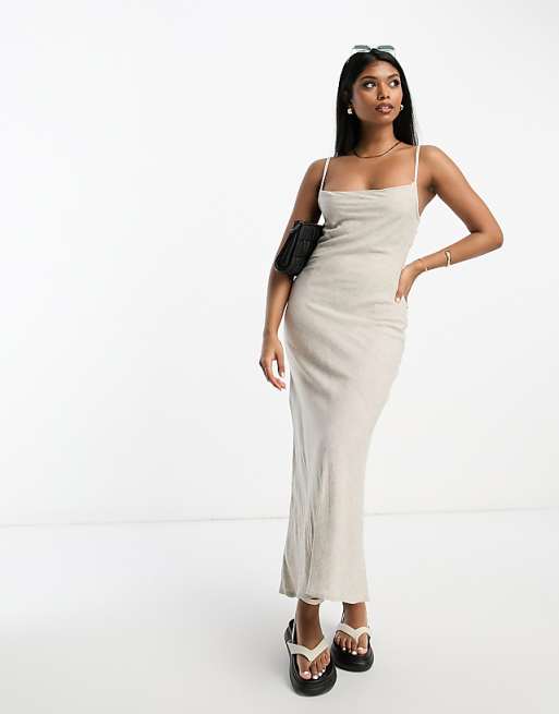 Asos ASOS DESIGN Linen Cowl Detail Maxi Slip Sundress With Draped Back Detail In Natural