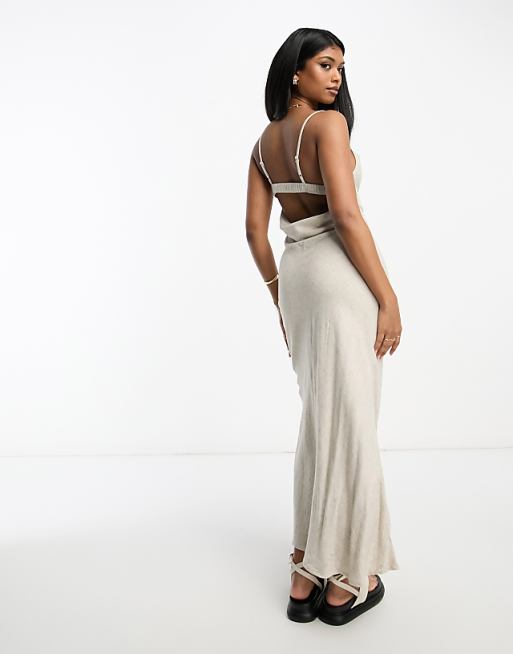 asos ASOS DESIGN linen cowl detail maxi slip sundress with draped back detail in natural