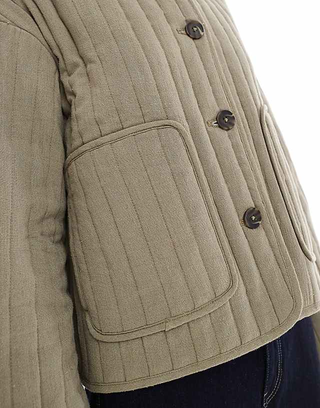 Asos ASOS DESIGN Linen Crop Collarless Quilted Jacket In Khaki