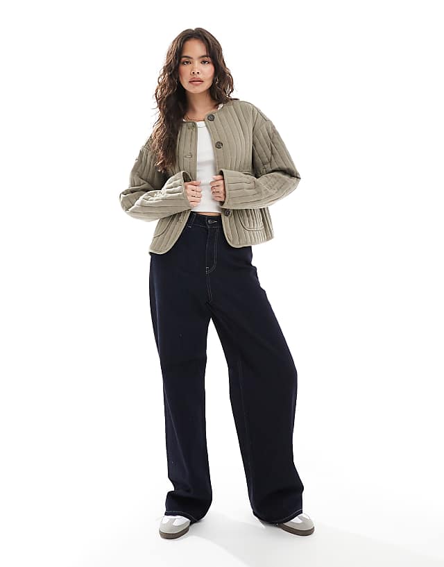 Asos ASOS DESIGN Linen Crop Collarless Quilted Jacket In Khaki