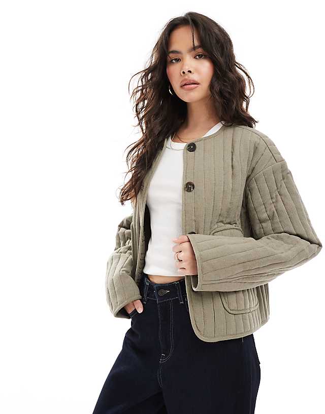 asos ASOS DESIGN linen crop collarless quilted jacket in khaki