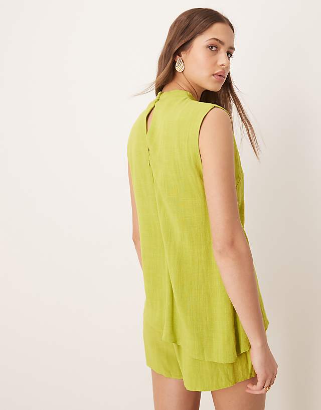 Asos ASOS DESIGN Linen Double Layer Neck Tie Detail Playsuit In Lime Green
