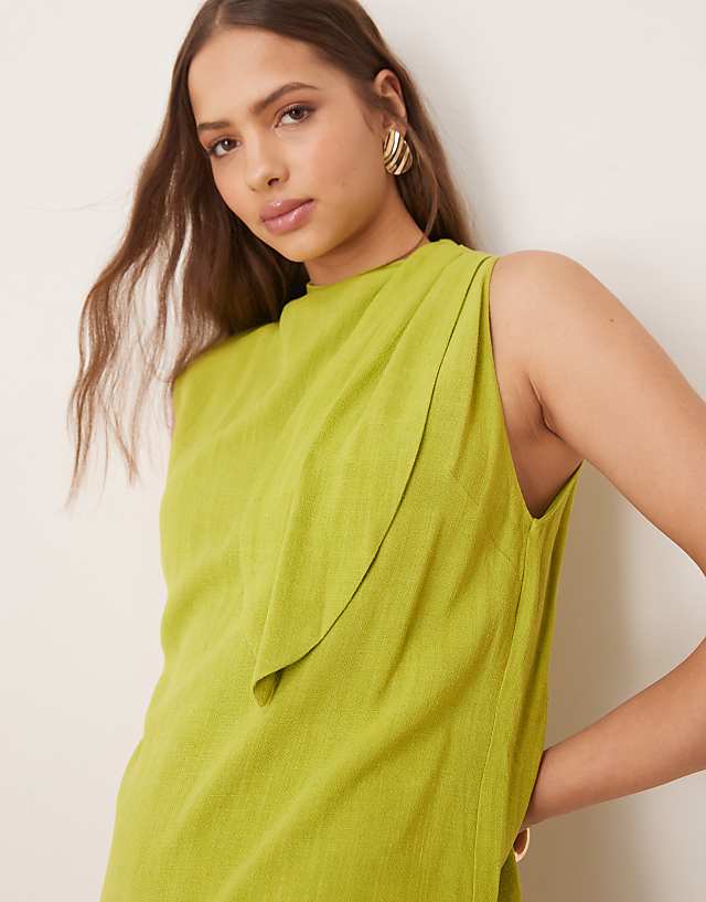 Asos ASOS DESIGN Linen Double Layer Neck Tie Detail Playsuit In Lime Green
