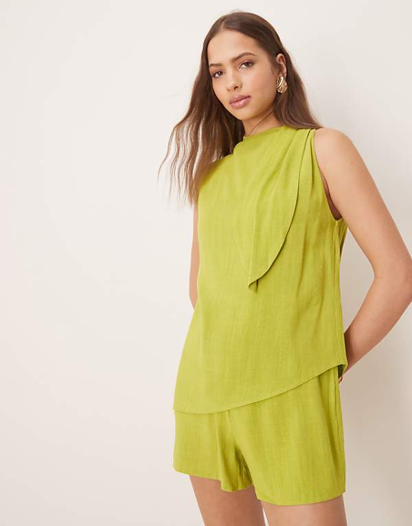 asos ASOS DESIGN linen double layer neck tie detail playsuit in lime green